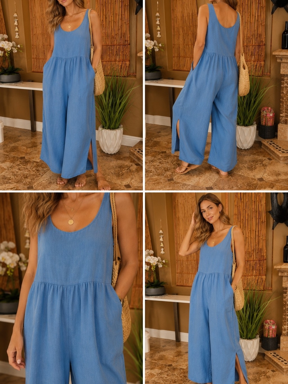 Filosofia, Organic Linen, Sleeveless Wide-Leg Jumpsuit in Sky Blue, MWT